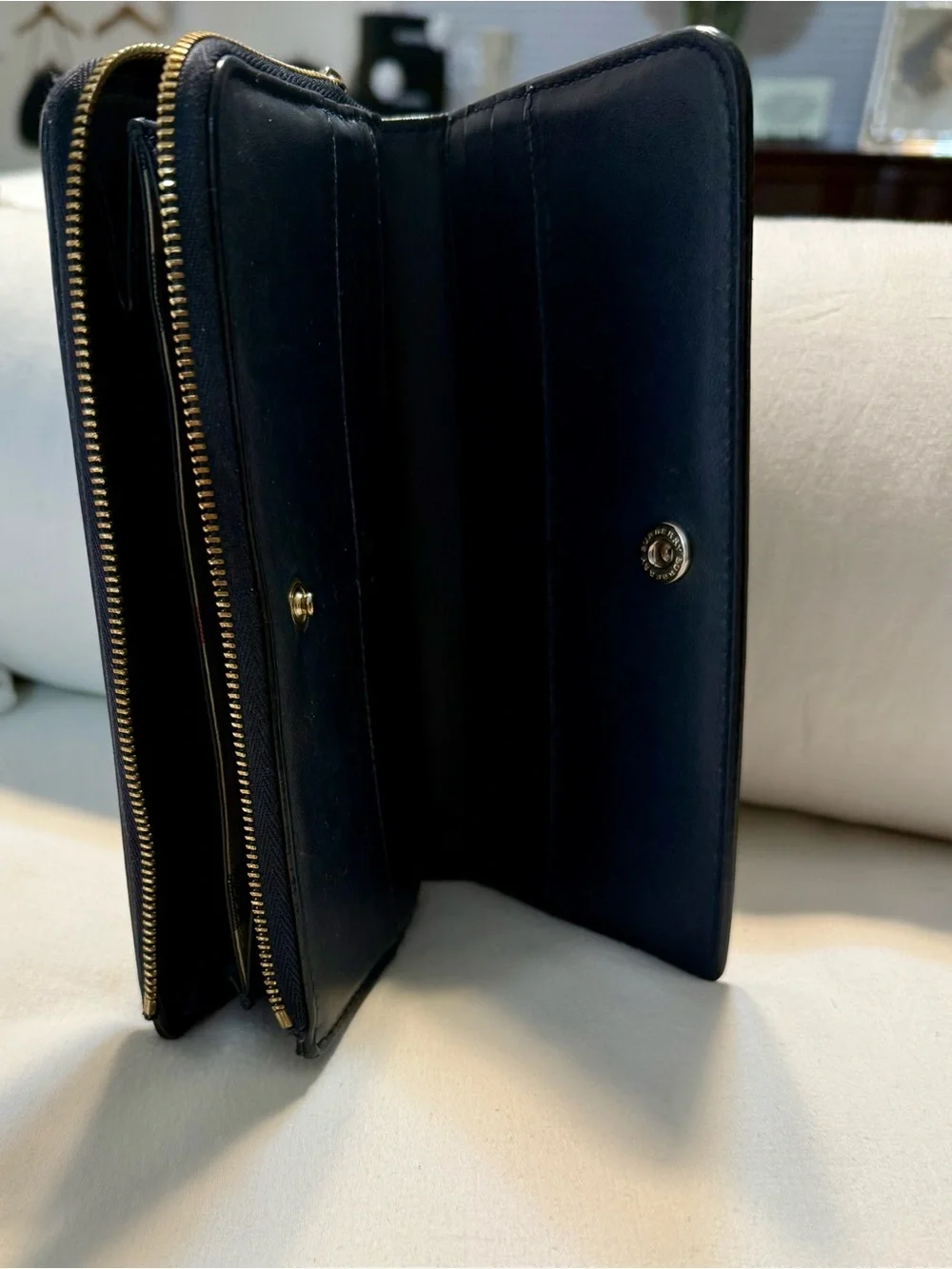 Burberry Navy Blue Leather Zip-Around Wallet with Gold Logo